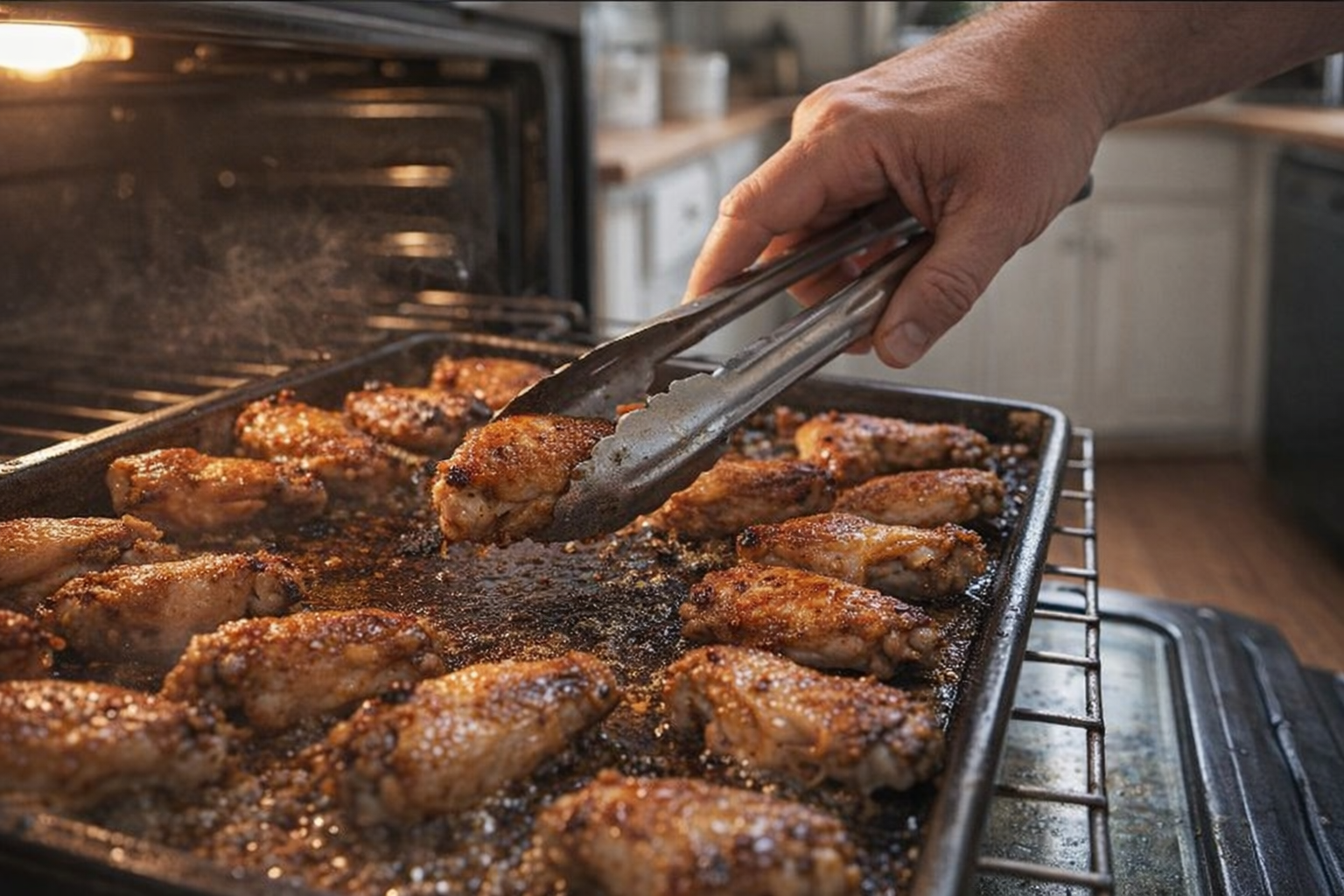 A close-up action shot of a hand flipping chicken wings on a baking sheet in the oven, wings are golden brown and sizzling, oven light on